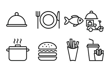 Restaurant and food delivery line icon set. Simple outline symbols for cooking, meal service, and fast food. Vector collection with burger, fries, fish, drink, and plate icons.
