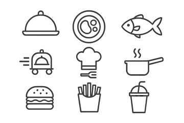 Restaurant and food delivery icon set in thin line style. Vector collection for web and app design. Includes fast food, cooking, meal, fish, burger, and drinks concepts.