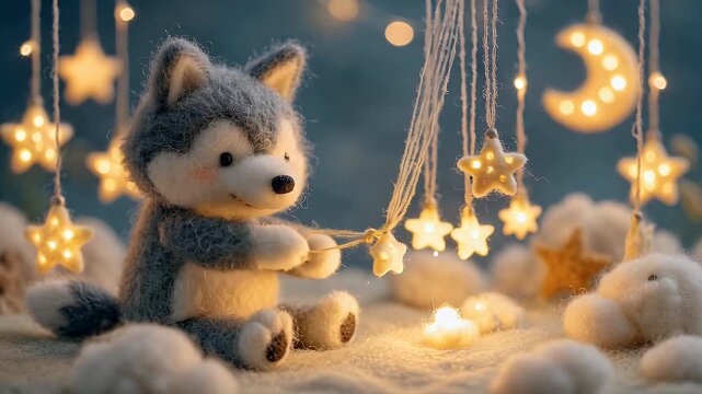 Cute plush wolf with illuminated stars and moon against a soft blue background