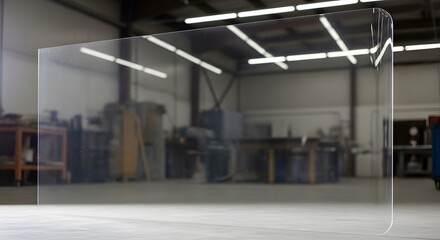 Clear transparent acrylic glass panel sheet with reflective edges in an industrial workshop setting