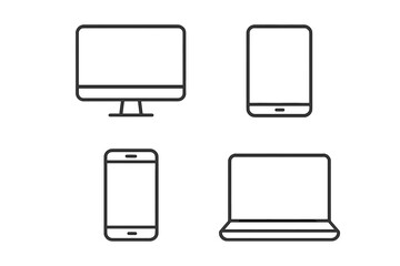 Device and technology web icons in thin line style. Computer monitor, smartphone, tablet, and laptop. Digital gadget symbols. UI UX elements for app design. Vector pictogram.