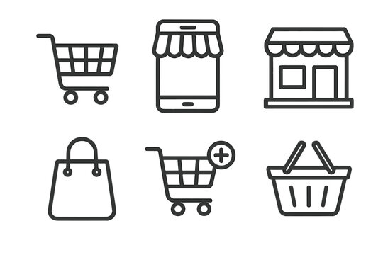 Shopping cart web icons. Online store line icon set. E-commerce symbols for website, mobile app. Vector collection with shop basket, storefront, bag, add to cart button.