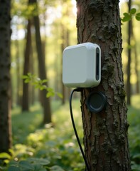 Device Attached to Tree in Lush Forest