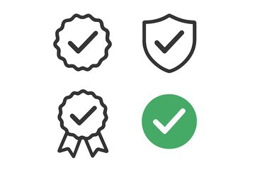 Check mark icon set. Approved, certified, and verified badge collection. Quality seal, guarantee shield, and award ribbon symbols. Vector illustration for UI design.