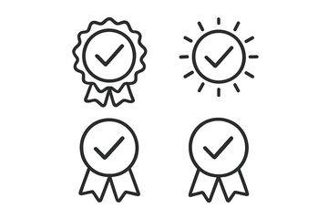 Certified quality checkmark icons. Approved verification badge and award seal set. Guarantee and success symbol collection for business and web. Line art vector illustration.