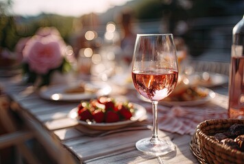 Naklejka premium Elegant glass of rose wine on a wooden table with fresh strawberries