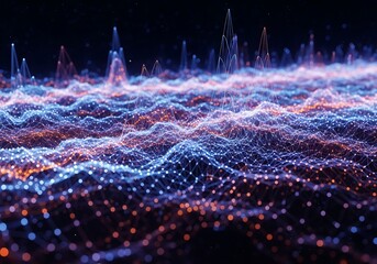 Abstract network landscape visualization with glowing nodes and interconnected lines concept representing technology