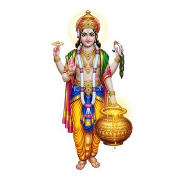 A Hindu mythological portrait of the God Dhanvantari, holding the Kalash of Amrita (elixir), symbolizing Ayurveda, health, and the source of wealth, isolated on white.