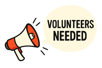 Volunteers needed announcement with megaphone. Loudspeaker in speech bubble for business marketing. Help wanted, recruitment concept. Join our team sign. Vector illustration.