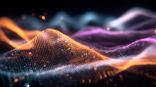 A flowing data wave formed by luminous points across a landscape, conveying analytics in motion and the emergence of insight for forecasting and digital transformation.
