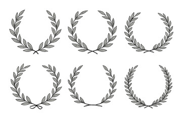 Black laurel wreath set. Vintage hand drawn vector frames collection. Decorative leaves and branches. Ornate award icon for winner, champion, success, quality, achievement, logo.