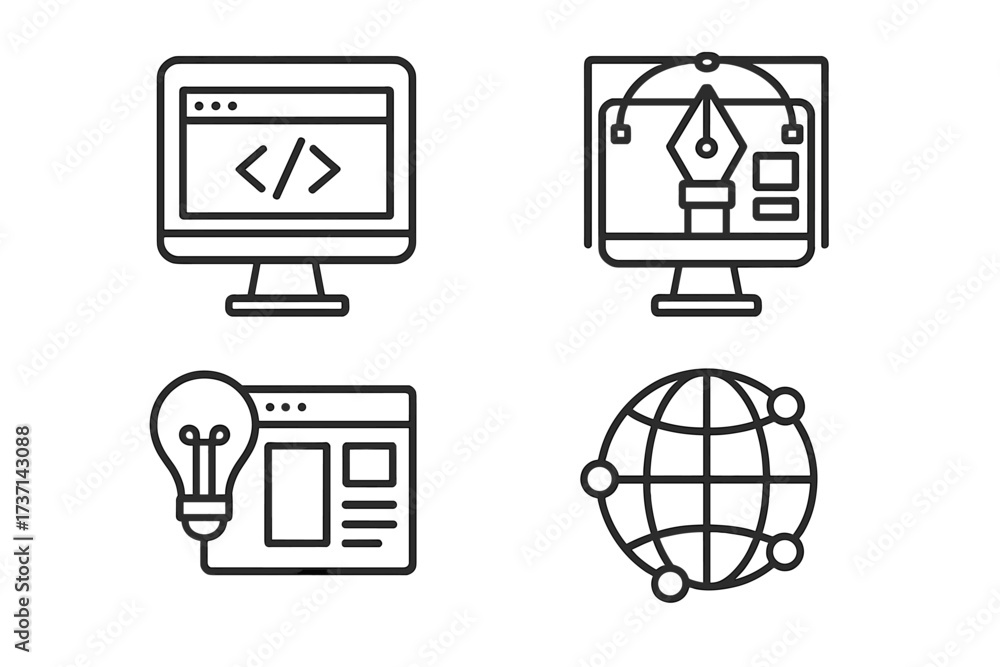 Wall mural web design and development line icon set. concepts for creative process, coding, ui ux design, and n