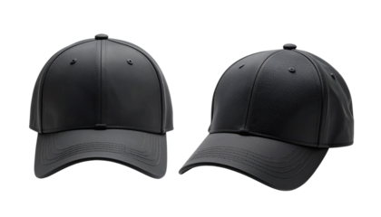 Two Black Baseball Cap Variations for Fashion and Sports, isolated on transparent background