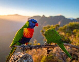 Colorful Parrots on Mountaintop Branch.