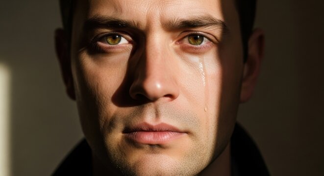 Close-up of a young man with tears on his face, intense expression, dramatic lighting - Powered by Adobe
