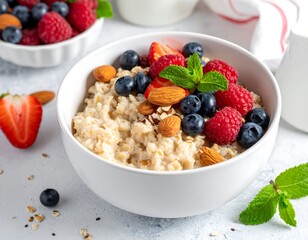 Healthy Oatmeal Breakfast Bowl with Berries and Almonds.