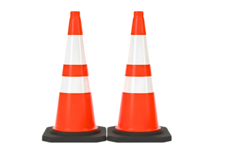 Two orange and white traffic cones isolated on transparent background