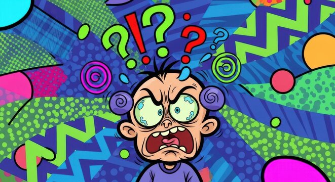 A cartoon child's face contorted in a grimace of confusion and distress, surrounded by a chaotic explosion of colorful abstract shapes and question marks.