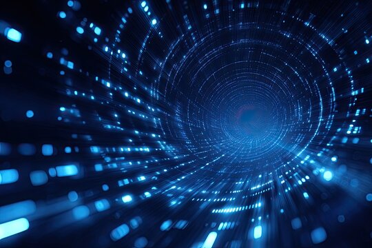 Digital, futuristic tunnel with glowing lights and radial patterns, suggesting data flow and speed