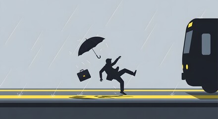 Conceptual illustration of a commuting accident, a silhouetted man slips and falls on a wet train platform in the rain