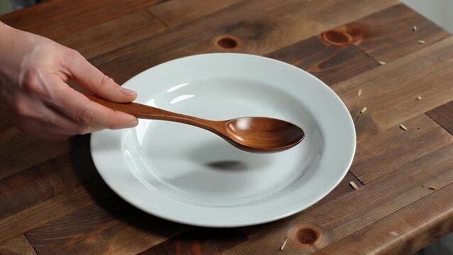 Wooden culinary utensil presented upon white dish which is placed on wooden table surface