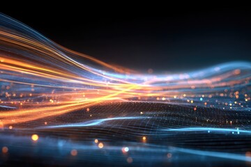 Abstract digital art with luminous orange and blue waves across a dark background