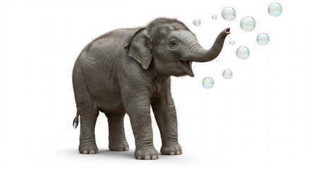 Naklejka premium Adorable baby elephant joyfully blows floating bubbles from its trunk on a crisp white studio background. AI Generated