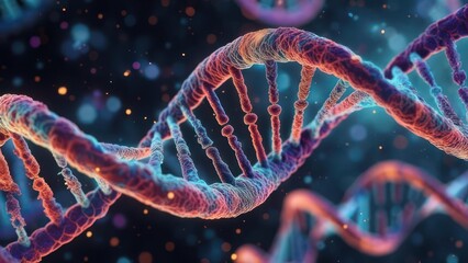 Vibrant DNA Double Helix Structure with Glowing Particles in a Dark Background.