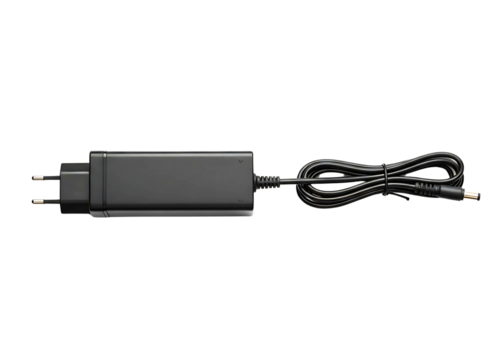 Black power adapter with coiled cord isolated on transparent background