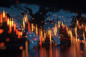 A glowing candlestick chart of the world, depicting financial data and global market fluctuations