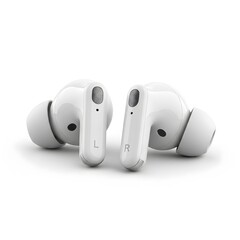 Pair of white wireless earbuds with left and right markings.
