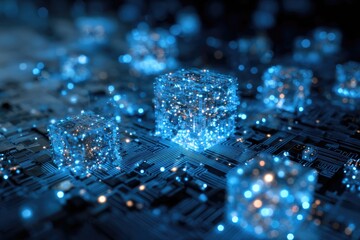 Futuristic digital data visualization of glowing interconnected cubes on a circuit board