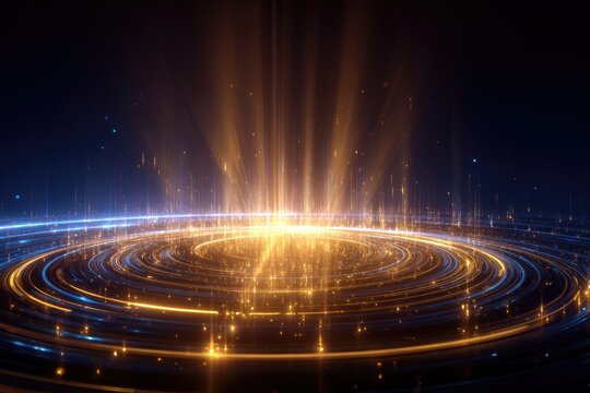 A vibrant, abstract display featuring concentric rings and radiant light beams