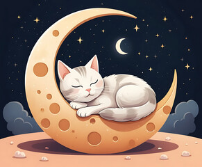 Cute cat sleeping on crescent moon illustration