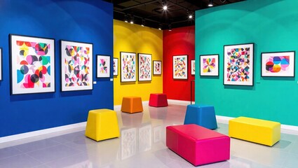 Vibrant Modern Art Gallery with Colorful Walls and Abstract Paintings.