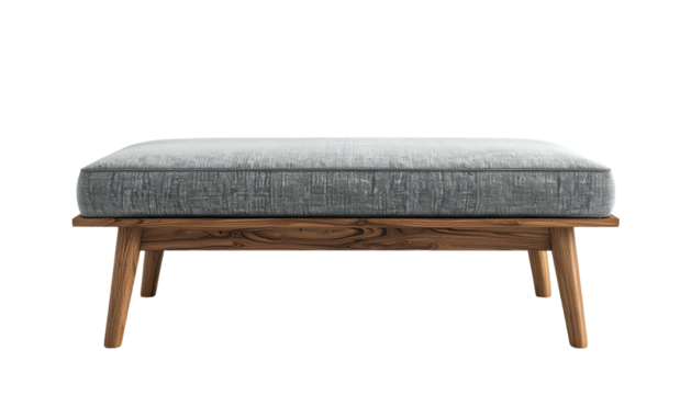 This image features a meticulously crafted, modern-style footstool, showcasing a blend of comfort and design; the grey, textured cushion is elevated by a warm, wooden base, presented against a pure...