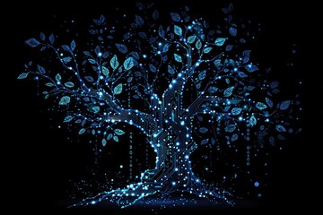 Illuminated digital tree with circuit board-like structure, glowing leaves, and roots against black background