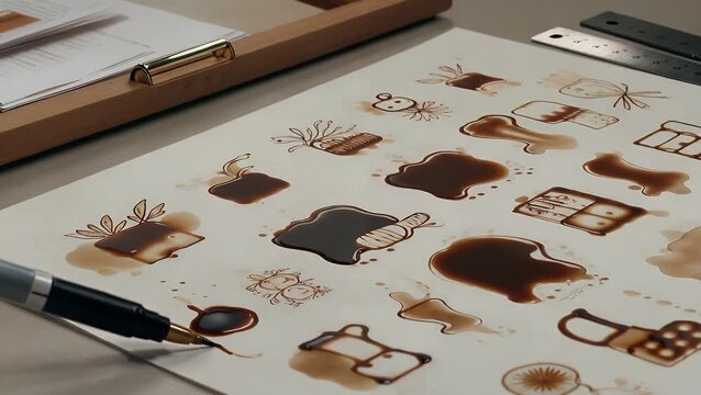 Dark Brown Coffee Liquid Stain and Splatter on White Working Document Paper