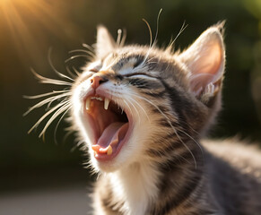 Playful kitten yawning in sunlight