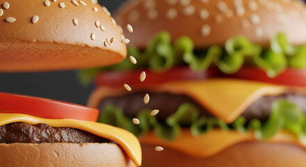 Delicious Close-Up of Cheeseburgers with Falling Sesame Seeds