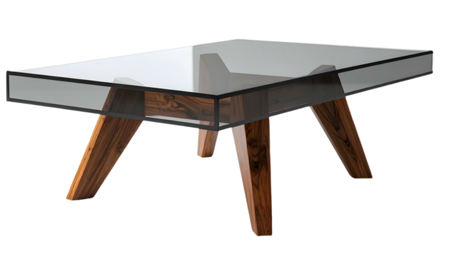 This image showcases a modern coffee table design, featuring a clear glass top supported by angular wooden legs. The table's construction utilizes a dark wooden frame, and the background is black.