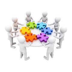 Collaborative puzzle teamwork with colorful puzzle pieces around table