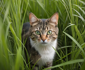 Tabby cat in green grass close up