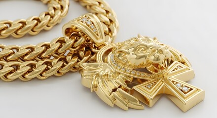 Fototapeta premium Exquisite Gold Lion Head Pendant with Diamond Accents and Cuban Link Chain