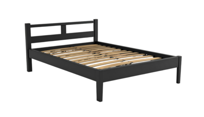 Wooden bed frame, painted in a matte charcoal gray color, displaying the headboard and bed frame components on a black background.