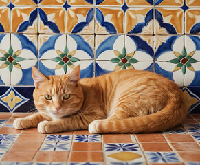 Orange cat lying on colorful tile floor