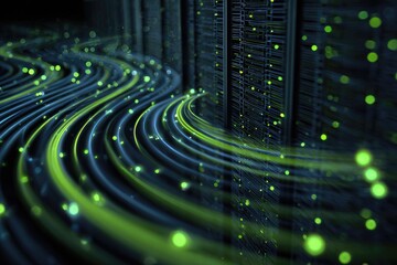 Abstract image showing glowing, winding data streams flowing into and through server racks, data centers