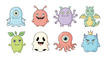 Fototapeta premium Set of Cute Cartoon Monsters and Creatures Fun Characters for Kids and Design