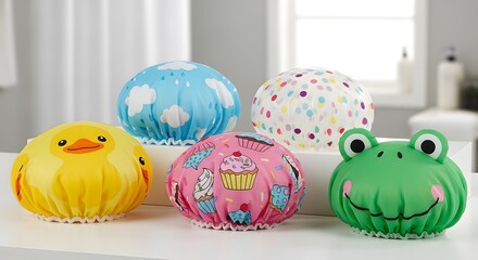 Cute and colorful shower caps featuring playful animal and dessert designs