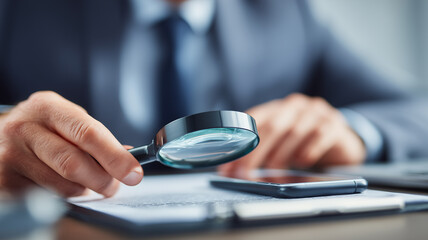 Businessman using a magnifying glass over documents and a phone, representing investigation accuracy and due diligence analysis guiding confident professional decisions.
